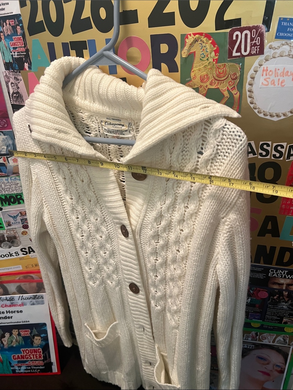 #3221*”18x 33” Cream Cable-Knit Button-Up Women's Sweater Cardigan - Picture 8 of 17
